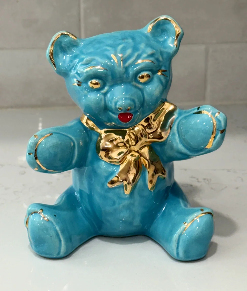 Vintage '40's Pearl China Turquoise Blue Ceramic Teddy Bear Piggy Bank Gold Bow